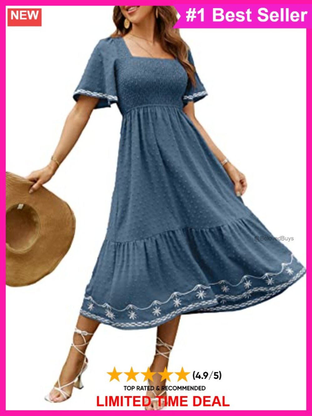 Women's Smocked Square Neck A-Line Flowy Maxi Dress Short Sleeve Summer
